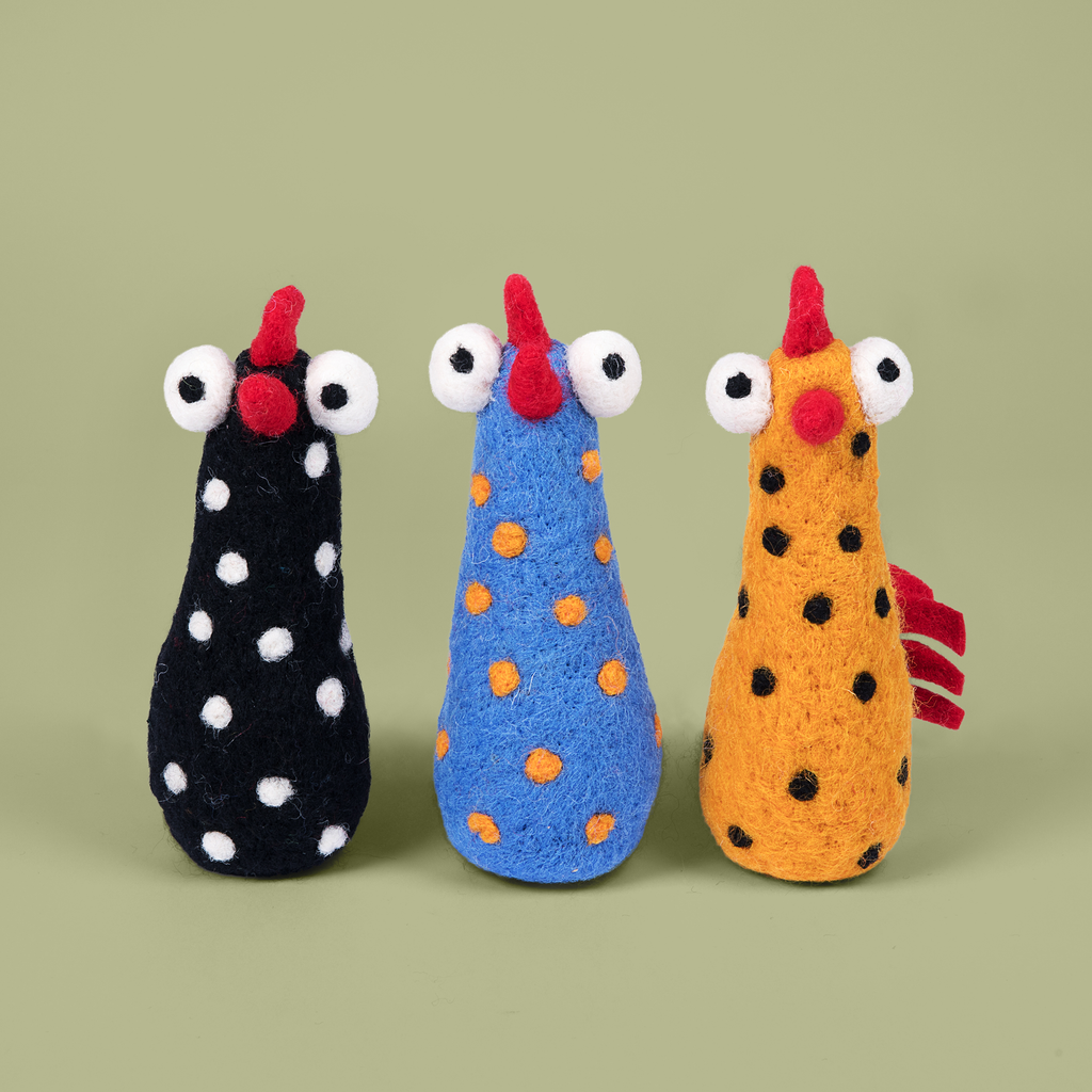Our favorite funny chicken decor trio! Which color pattern is your favorite?