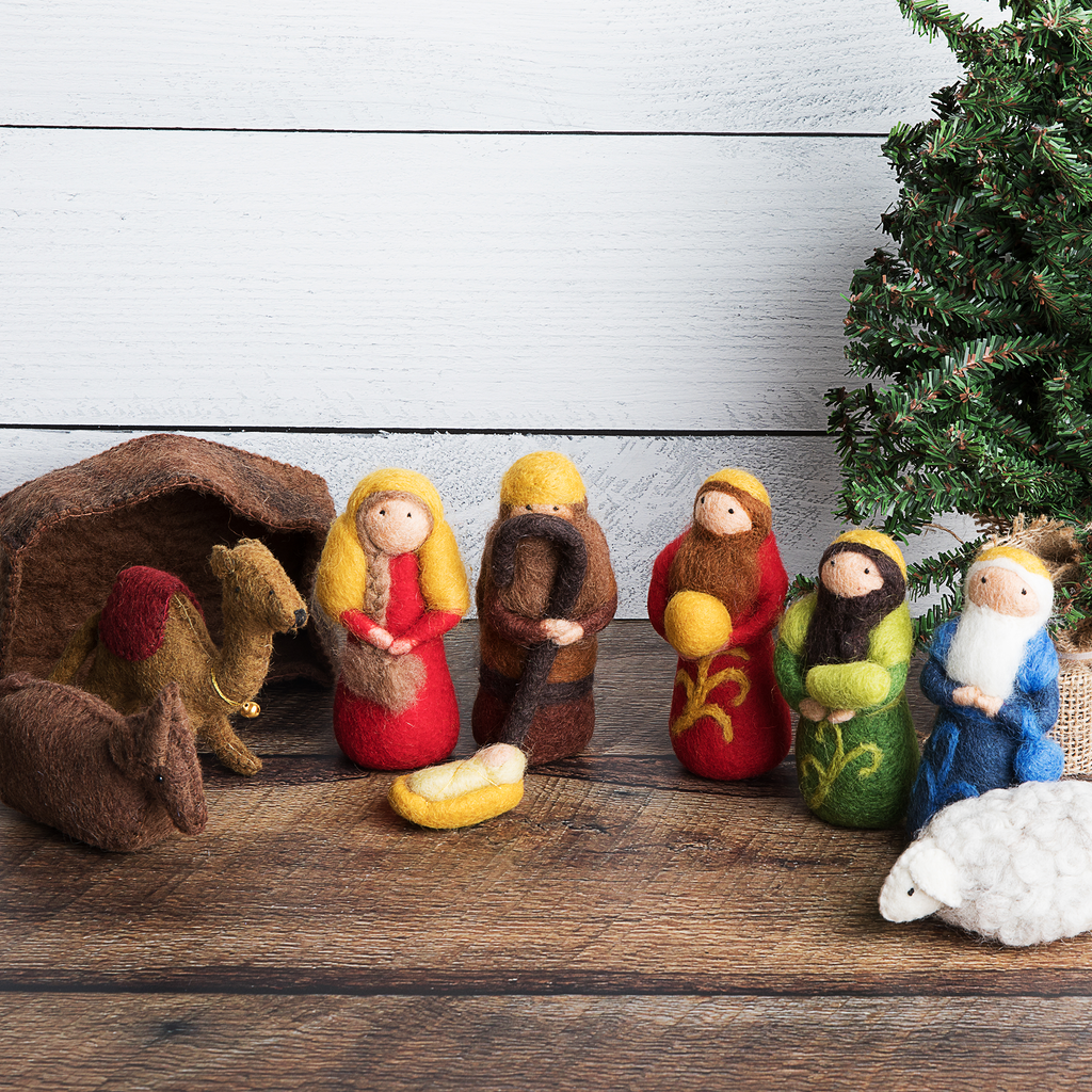 Our felted wool nativity scene includes 10 pieces: Mary, Joseph, the Three Wise Men, Sheep, Ox, Camel, Jesus, and a shelter.
