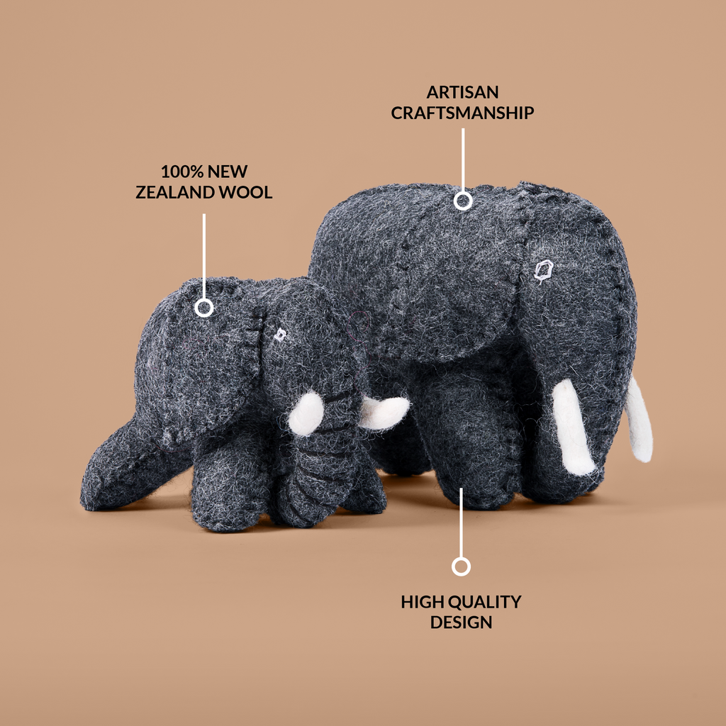 The elephants are made with 100% New Zealand Wool by talented artisans - many of whom are mothers.