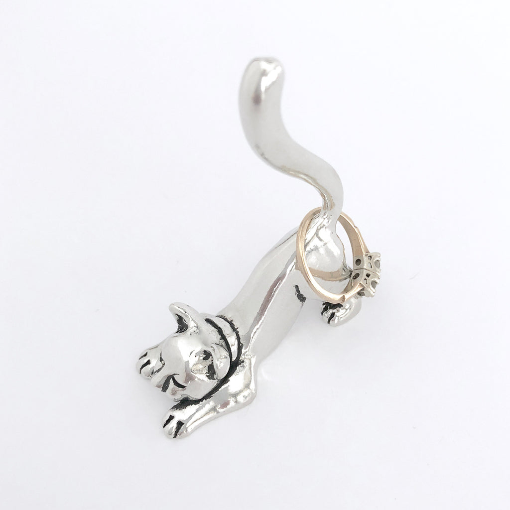 Handmade pewter ring holders in Cat, Dog or Bunny shapes.  Approx. 2.5" tall. A thoughtful gift or bedroom decor!