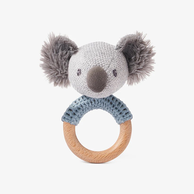 This sweet Koala Baby Rattle features a fuzzy, hand-knit koala on a wooden rattle.