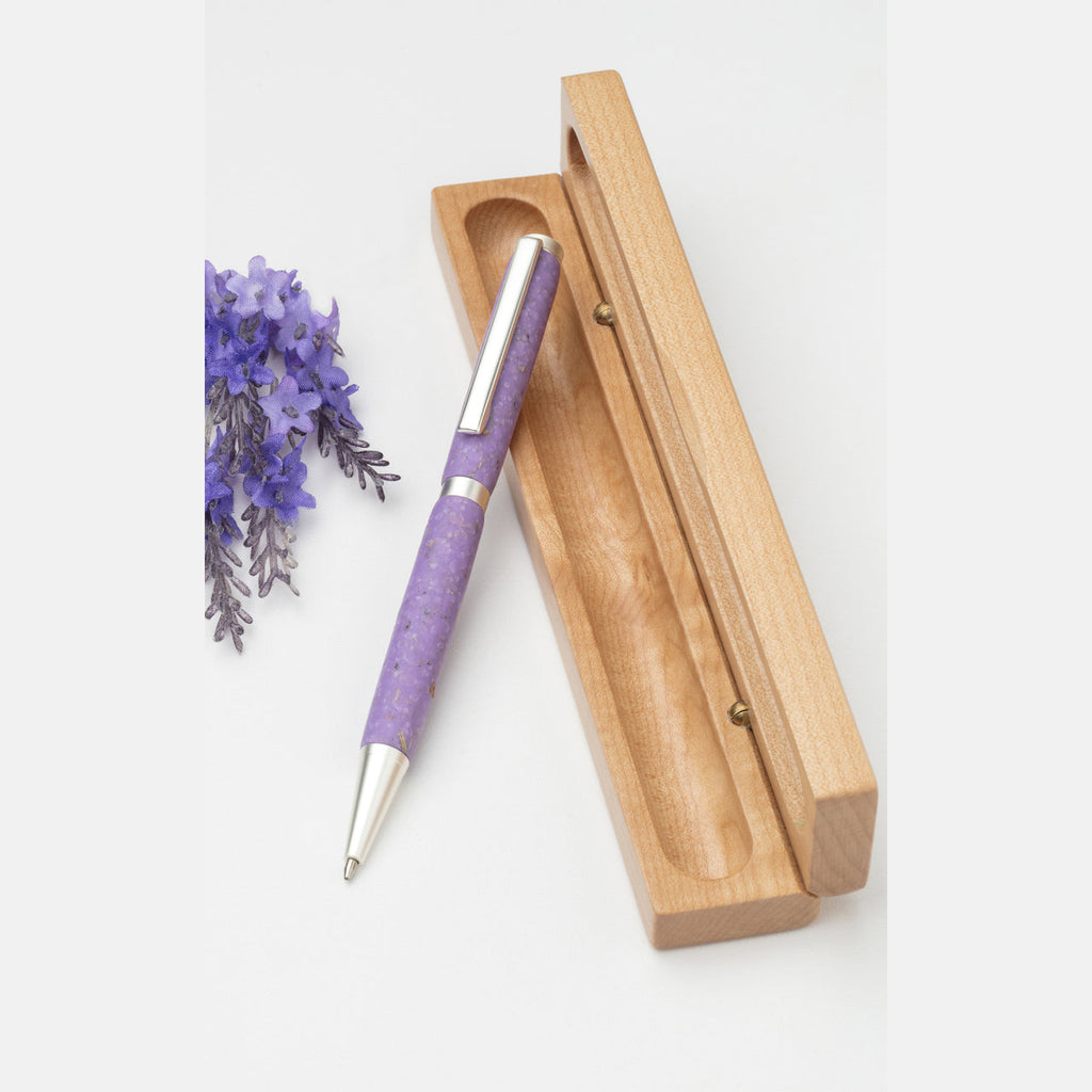 Handmade lavender pen is crafted with transparent polymer and textured with artist's own locally grown lavender. Shown with wooden gift box.