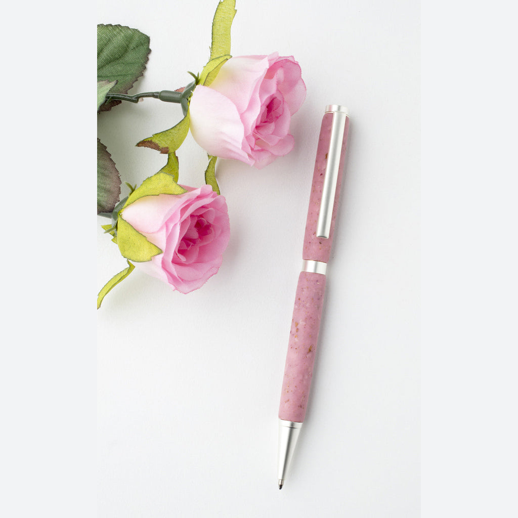 Handmade pink rose pen is crafted with transparent polymer and textured with artist's own locally grown roses.