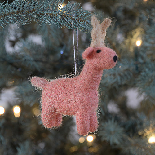 This sweet deer ornament is pretty cute! It features pink hues with brown antlers.